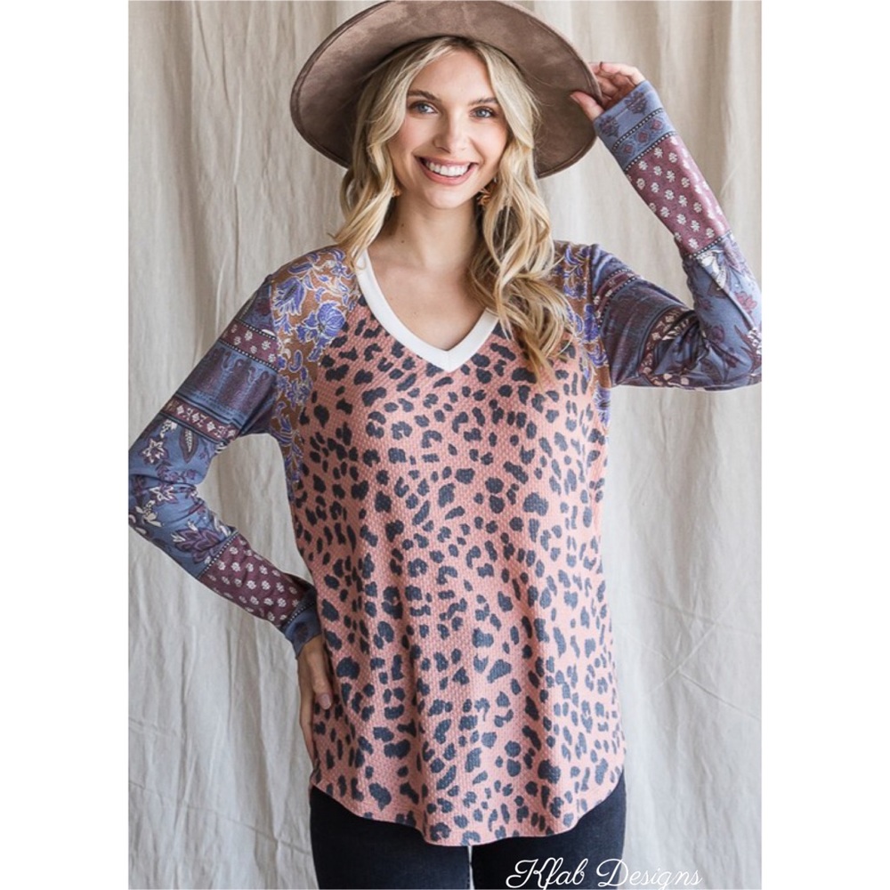 LAST 1! V Neck Color Block Floral/Animal Print Top - Picture 8 of 8